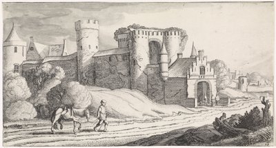 Farmer with a Horse on a Road by a Castle (series title: Pleasant Landscapes and Delightful Sights) by Jan van de Velde (II)