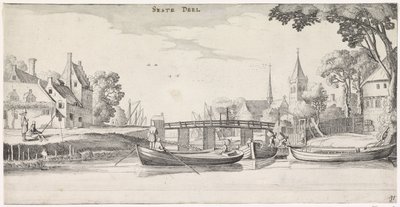 Boats at a Jetty in a Village Pleasant Landscapes and Amusing Views (series title) by Jan van de Velde (II)