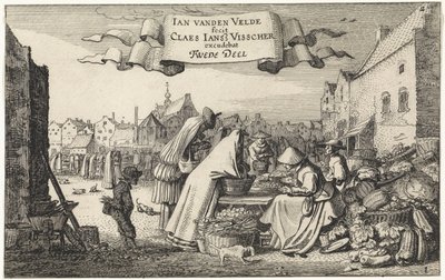 Figures at a Vegetable Stall in a Market (series title: Landscapes, Amenissimae Aliquot Requculae) by Jan van de Velde (II)