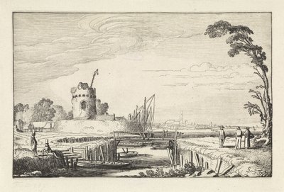 Figures by a Harbor and a Tower (series title: Landscapes, Amenissimae aliquot requculae) by Jan van de Velde (II)
