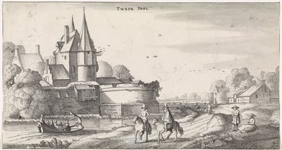 Figures at a Castle in a River Landscape (series title: Pleasant Landscapes and Delightful Views) by Jan van de Velde (II)