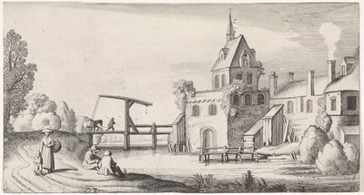 Figures by a Drawbridge in Front of a Village with Church Tower by Jan van de Velde (II)