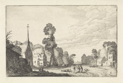 Figures and Cattle in a Village with a Church (series title: Landscapes, Amenissimae Aliquot Requculae) by Jan van de Velde (II)