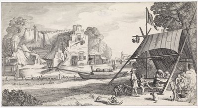 Figures Under a Tent Cloth at an Inn Pleasant Landscapes and Amusing Views (series title) by Jan van de Velde (II)