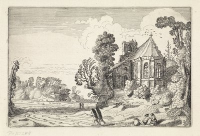 Figures on a Country Road by a Church Ruin (Landschappen, Amenissimae aliquot requculae) by Jan van de Velde (II)