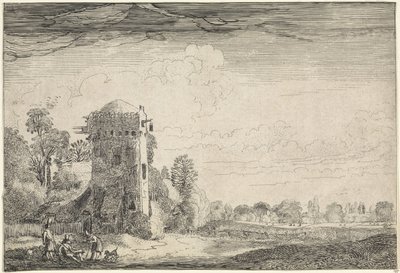 Hunters with Dogs by a Tower in a Landscape (series: Landscapes, Amenissimae aliquot requculae) by Jan van de Velde (II)