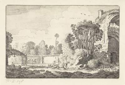 Man with a Dog by a Ruin (series title: Landscapes, Amenissimae Aliquot Requculae) by Jan van de Velde (II)