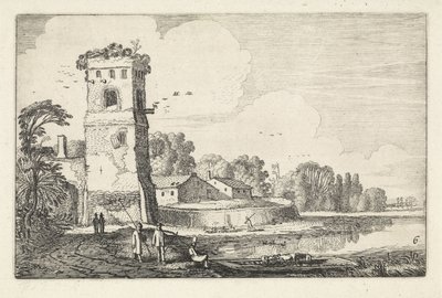 Bridge with Sheep by a Tower in a River Landscape (series title: Landscapes, Amenissimae aliquot requculae) by Jan van de Velde (II)