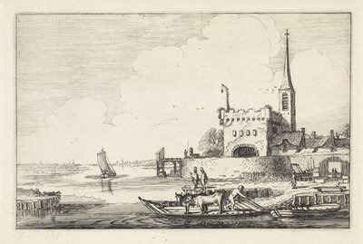 Ferry with Cattle by a Fort in a River Landscape (series title: Landscapes, Amenissimae aliquot requculae) by Jan van de Velde (II)