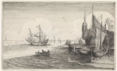 Ships off a coast near a church (Seascapes) by Jan van de Velde (II)