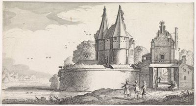 Soldiers at a Fort and a City Gate by a River (series title: Pleasant Landscapes and Delightful Sights) by Jan van de Velde (II)