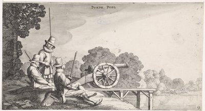 Soldiers by a Cannon on a Pier by a River (Playsante lantschappen ende vermakelycke gesichten) by Jan van de Velde (II)