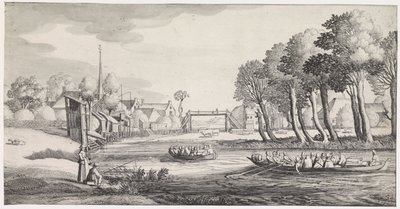 Two Rowboats on a River by a Village (series title: Pleasant Landscapes and Delightful Sights) by Jan van de Velde (II)