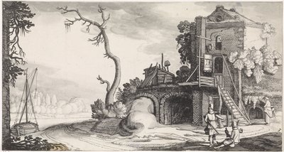 Two Falconers by a Tower Used as an Inn by Jan van de Velde (II)