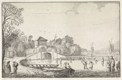 Winter Landscape with Skaters by a Bridge (series title: Landscapes, Amenissimae aliquot requculae) by Jan van de Velde (II)
