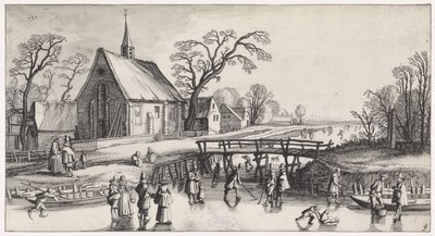 Winter Landscape with Skaters by a Village (series title: Pleasant Landscapes and Delightful Sights) by Jan van de Velde (II)
