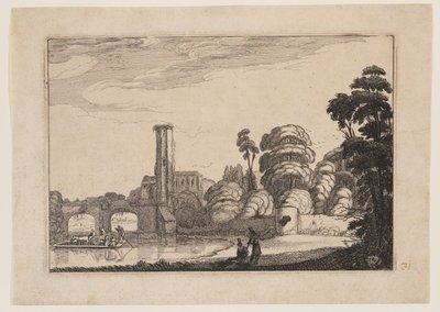 Ferry in Front of a Stone Bridge by Jan van de Velde II