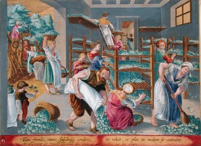Women Lining Shelves with Mulberry Leaves for the Silkworms, plate 5 from 