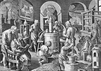 Distillation: 16th century engraving by Jan van der Straet on the different stages of distillation. by Jan van der Straet