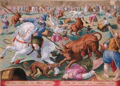 A Mass Bullfight in an Enclosure by Jan van der (1523 1605) (after) Straet