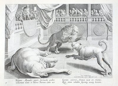 Alexander the Great puts on a spectacle, a lion, dog and elephant fight, illustration from 