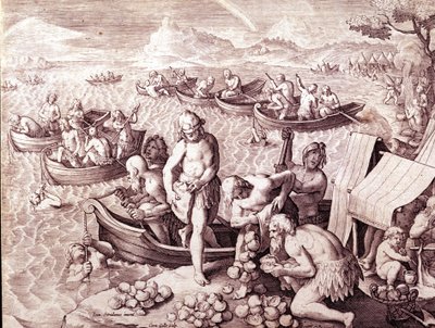 Oyster fishing. 17th century. Engraving by Giovanni Stradano (Jan Van Der Straet) (Johannes Stradanus) (1523-1605) by Jan van der Straet