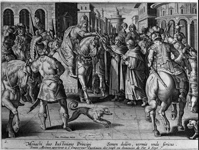The Monks Handed Over Silkworms to the Byzantine Emperor Justinian I (483-565) by Jan van der Straet