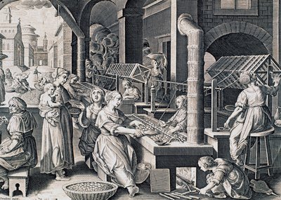 Vermis sericus, women spinning silk and heating silkworms on fire, engraving by Stradanus, Italy by Jan van der Straet