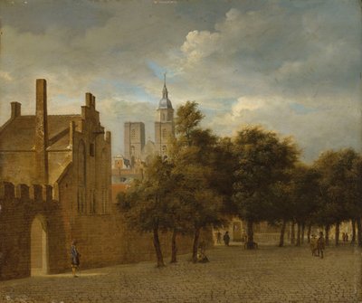 A Townscape with Figures Promenading, a Church Beyond by Jan van der Heyden