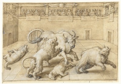 Fight in an Arena Between a Bull, Lion, Bear, and Two Wolves by Jan van der Straet
