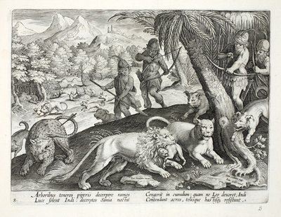 Indians Shoot Lions with Arrows, who have Captured Monkeys in their Mouths, illustration from 