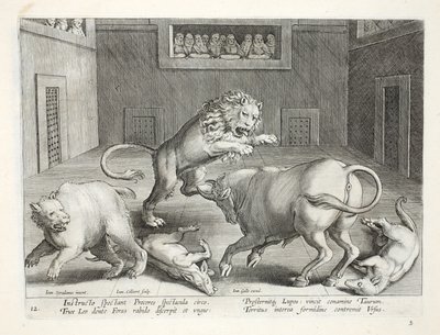 Noblemen watch combat of wild beasts in an indoor circus, illustration from 