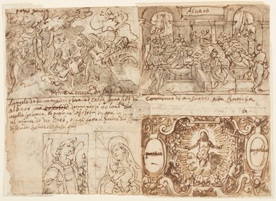 Wooded Landscape with Elijah Awakened and Nourished by an Angel on Mount Horeb; The Banquet of King Ahasuerus; Christ Surrounded by Angels with the Arma Christi; Annunciation by Jan van der Straet, called Stradanus