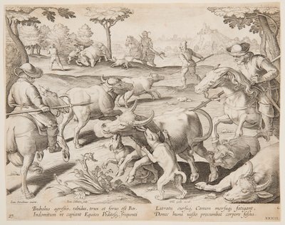 Buffalo Hunt, plate 27 in the Venationes Ferarum, Avium, Piscium series by Jan van der Straet, called Stradanus