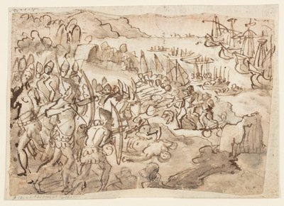 Conquest of the Philippine Islands, preliminary design for grisaille painting realized by Stradanus