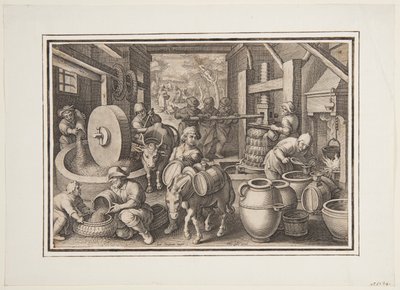 Oleum Olivarum (The Production of Olive Oil), Plate 12 in the Nova Reperta (New Inventions of Modern Times) by Jan van der Straet, called Stradanus