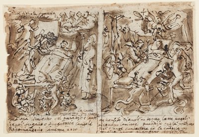 Page of a Sketchbook; Heavenly Powers Helping Pious; Sketch for Portrait of Saint; Decoration of Pediment by Jan van der Straet, called Stradanus
