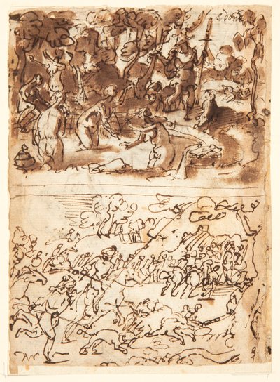 Recto, above: Diana and Actaeon; Recto, below: Boar Hunt; Verso, above: Studies of Two Male Heads; Verso, below: Meeting of Anna and Joachim at the Golden Gate, The Circumcision of the Christ-child by Jan van der Straet, called Stradanus