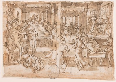 Beheading of St. John the Baptist, Salome Given the Head of St. John the Baptist by the Executioner, Design for Plate 10 in the Life of St. John the Baptist, The Body of Alfonso Piccolomini, Sienese Outlaw Hung by Jan van der Straet, called Stradanus
