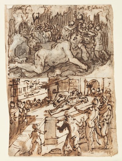Sketchbook Page with Blinding of Cyclops by Jan van der Straet, called Stradanus