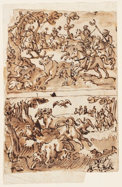 Sketchbook Page with Bull Hunts by Jan van der Straet, called Stradanus