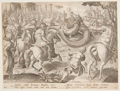 The Roman Consul Attilius Regulus Fighting a Giant African Serpent, plate 25 in the Venationes Ferarum series by Jan van der Straet, called Stradanus