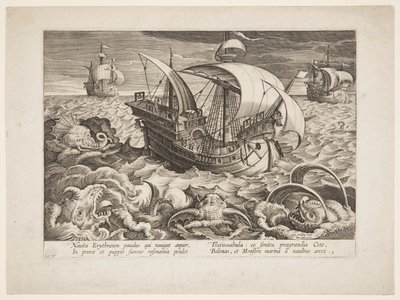 Three ships surrounded by monsters by Jan van der Straet, called Stradanus