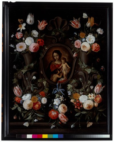 A Stone Cartouche Adorned With Flowers and Butterflies by Jan van the Elder Kessel