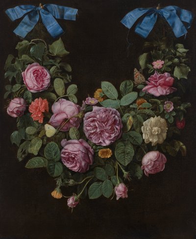 A swag of roses suspended from blue ribbons by Jan van the Elder Kessel