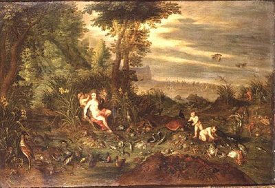 An Allegory of Water: A Sea Nymph by a Reedy Shore with Fish, Shells and Birds Nearby, the Triumph of Amphitrite Beyond by Jan van the Elder Kessel