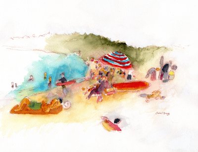 Beach Sunbathers and Surfers at Hanalei Bay, c.2019 by Janel Bragg