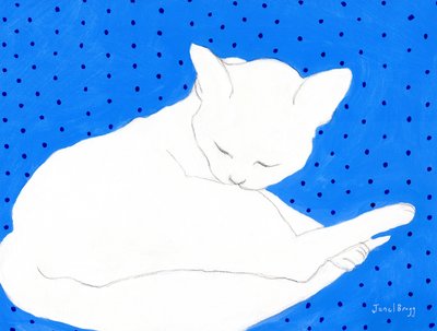 White Cat on Blue with Polka Dots by Janel Bragg