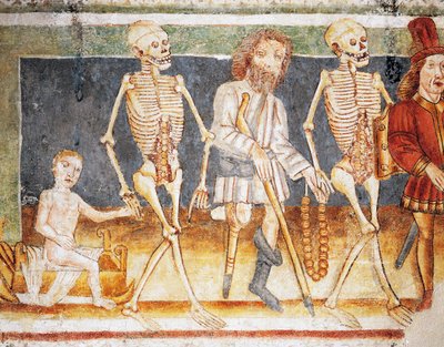 Hrastovlje fortified church, Trinity Church, Death accompanying child and poor, Dance of Death (1490) (detail) by Janez Kastav