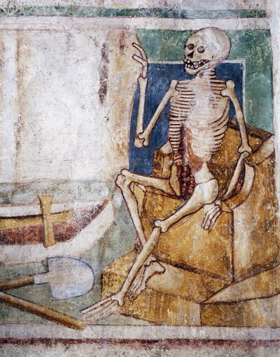 Hrastovlje Fortified Church, Trinity Church, Death Opening Slab of Tomb, Dance of Death (detail) by Janez Kastav